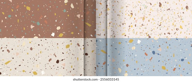 Set Mocha Mousse color 2025 2026 seamless terrazzo patterns. Pattern for ceramics marble natural stone. Vector stock illustration textured shapes in vibrant colors