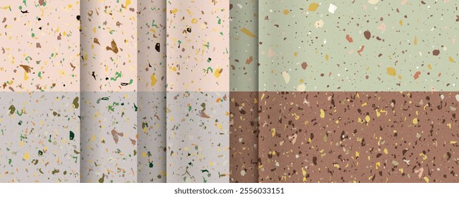 Set Mocha Mousse color 2025 2026 seamless terrazzo patterns. Pattern for ceramics marble natural stone. Vector stock illustration textured shapes in vibrant colors