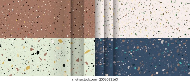 Set Mocha Mousse color 2025 2026 seamless terrazzo patterns. Pattern for ceramics marble natural stone. Vector stock illustration textured shapes in vibrant colors