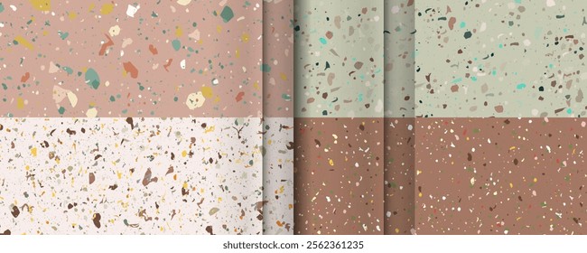 Set Mocha Mousse color 2025 2026 seamless terrazzo patterns. Pattern for ceramics marble natural stone. Vector stock illustration textured Coffee