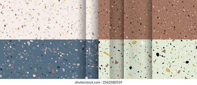 Set Mocha Mousse color 2025 2026 seamless terrazzo patterns. Pattern for ceramics marble natural stone. Vector stock illustration textured shapes in vibrant