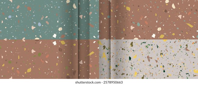 Set Mocha Mousse color 2025 2026 seamless terrazzo patterns. Pattern for ceramics marble natural stone. Vector stock illustration textured shapes