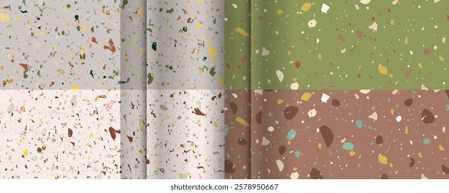 Set Mocha Mousse color 2025 2026 seamless terrazzo patterns. Pattern for ceramics marble natural stone. Vector stock illustration textured shapes