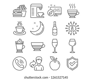 Set of Mocha, Tea cup and Wineglass icons. Latte coffee, Bordeaux glass and Burger signs. Coffee machine, Cafe creme and Beer bottle symbols. Burgundy glass, Hot drink with whipped cream, Cheeseburger