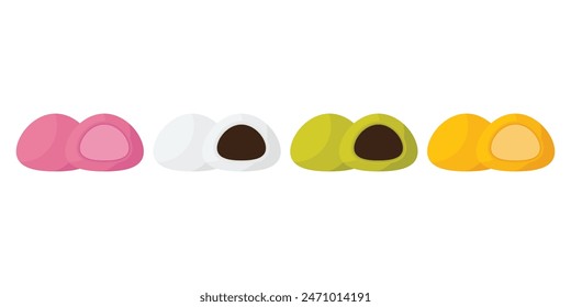 Set Mochi colored on white background. Japanese traditional sweet soft dessert. Bento mochi dish. Ball of rice flour with bean paste. Vector illustration with healthy sweet snack.