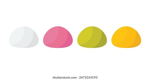 Set Mochi colored on white background. Japanese traditional sweet soft dessert. Bento mochi dish. Ball of rice flour with bean paste. Vector illustration with healthy sweet snack.