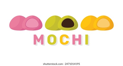 Set Mochi colored on white background. Japanese traditional sweet soft dessert. Bento mochi dish. Ball of rice flour with bean paste. Vector illustration with healthy sweet snack.