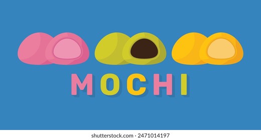 Set Mochi colored on white background. Japanese traditional sweet soft dessert. Bento mochi dish. Ball of rice flour with bean paste. Vector illustration with healthy sweet snack.