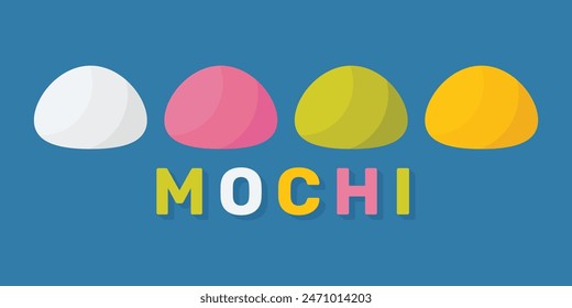 Set Mochi colored on white background. Japanese traditional sweet soft dessert. Bento mochi dish. Ball of rice flour with bean paste. Vector illustration with healthy sweet snack.