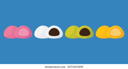 Set Mochi colored on white background. Japanese traditional sweet soft dessert. Bento mochi dish. Ball of rice flour with bean paste. Vector illustration with healthy sweet snack.
