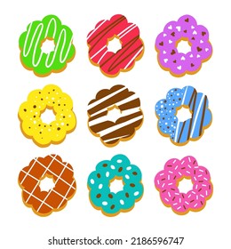 Ponga los donuts de mochi con un colorido acristalamiento y techo. Ilustración vectorial aislada sobre fondo blanco.