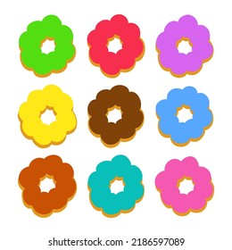 Set mochi donuts with colorful glaze. Isolated vector illustration on white background.