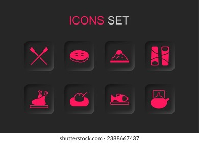 Set Mochi, Homemade pie, Food chopsticks, Served fish on plate, Guotie, Traditional tea ceremony, Rice in bowl and Roasted turkey or chicken icon. Vector