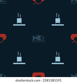 Set Mochi, Served fish on a plate and Cup of tea on seamless pattern. Vector