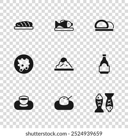 Set Mochi, Soy sauce bottle, Served fish on plate, Rice in bowl, Sushi, Fish steak,  and  icon. Vector