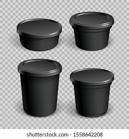 Set of mock up Black cups with plastic cover. Pattern in black and white on a transparent background. Vector illustration