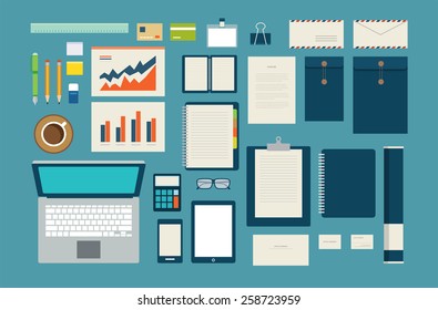 set of mock up business template office tool flat design