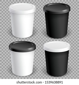 Set of mock up paper cups with plastic cover. Pattern in black and white on a transparent background.. Vector illustration