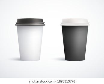 Set of mock paper cups with plastic lid. Vector illustration isolated. EPS10.