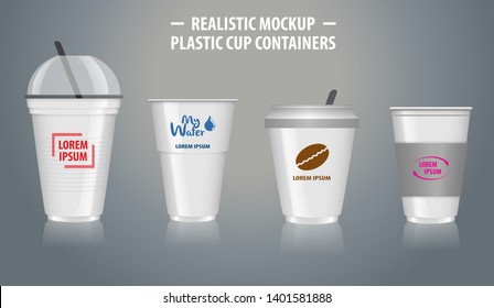 Set of mock up realistic cup containers, with clear plastic in disposable cups, for soda, tea, coffee and other cold and hot beverages - transparent mode. easy to modify