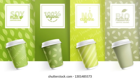 Set of mock up template for your bio brand realistic coffee paper cup on trend green colors background. Your logotype design on paper cup. Presentation for your logo branding vector illustration.