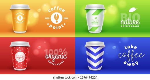 Set of mock up template for your brand realistic coffee paper cup on trend colors blur background. Your logotype design on paper cup. Presentation for your logo branding vector illustration.