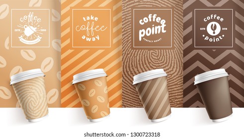 Set of mock up template for your brand realistic coffee paper cup on trend colors blur background. Your logotype design on paper cup. Presentation for your logo branding vector illustration.