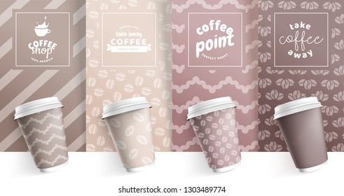 Set of mock up template for your brand realistic coffee paper cup on trend colors with pattern. Your logotype design on paper cup. Presentation for your logo branding vector illustration.