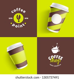 Set of mock up template for your brand, realistic coffee paper cup on brown and coral background. Your logotype design on paper cup. Presentation for your logo branding vector illustration. 