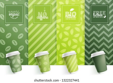 Set of mock up template for your brand, realistic  green coffee paper cup on trend colors with pattern. Your logotype design on paper cup. Presentation for your logo branding vector illustration.