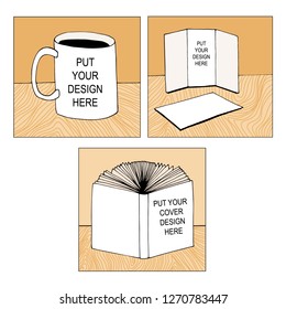 Set of mock up vector illustrations for cup, booklet, cover book. Colorful hand drawings with objects on wooden table.