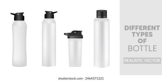 set of mockup 3d White, Silver and Black Empty Glossy Metal Reusable Sports water bottle on white isolated 