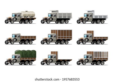 Set of mockup antique truck and tank in retro style, difference color and design on white background, isolated vector illustration