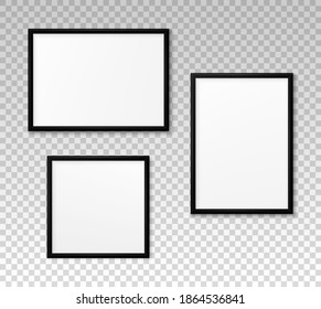 Set mockup black frame photo. Collection mock up artwork picture framed. Patch plastic boarders. Empty boards photoframe. Modern stylish borders. Design prints poster, blank, painting image. Vector