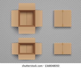 Set of mockup closed and open cardboard boxes Isolated on transparent background.