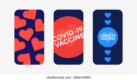 Set mockup covers for smartphone. Template case or sticker for technology device, branding, business and corporate identity. Covid vaccine and red hearts. Vector illustration mobile phone.