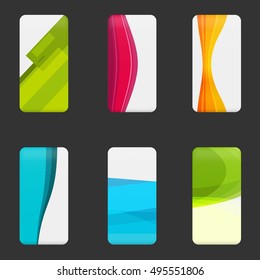 Set mockup covers for smartphone. Template case or sticker for technology device, branding, advertising, business and corporate identity. Vector illustration mobile phone.