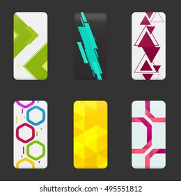 Set mockup covers for smartphone. Template case or sticker for technology device, branding, advertising, business and corporate identity. Vector illustration mobile phone.