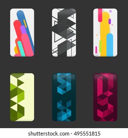 Set mockup covers for smartphone. Template case or sticker for technology device, branding, advertising, business and corporate identity. Vector illustration mobile phone.