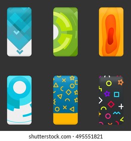 Set mockup covers for smartphone. Template case or sticker for technology device, branding, advertising, business and corporate identity. Vector illustration mobile phone.