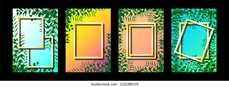 Set mockup frames and tropic leaves.  Cool floral A4 page design. Exotic plant leafs . Summer poster template. plant foliage, gold rectangular frame, title place.  