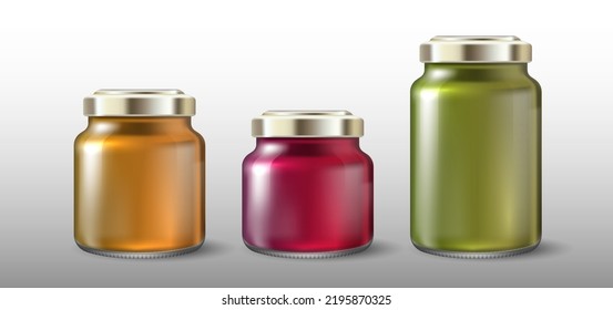 Set of mockup of glass jars with a golden lids. Packaging for marmalade, confiture, jam, sweet canned food template. Mockup of a glass jar with a label.