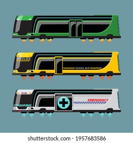 Set of mockup hi-tech bus with modern style, difference model and color on blue background, design for use in school bus or emergency car,  isolated vector illustration