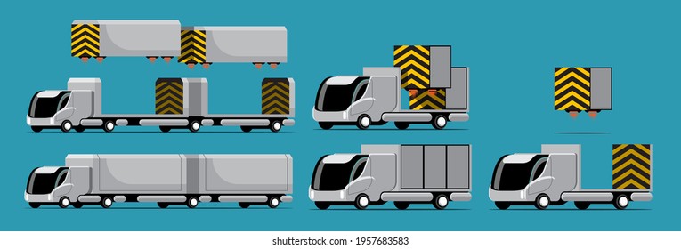 Set of mockup hi-tech Truck and Container with modern style, difference model and color on blue background, isolated vector illustration