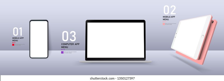 Set Mock-up of realistic devices. Phone, tablet, laptop. Poster mockup. Empty space. Empty white background. Concept business illustration. Modern laptop concept. Isolated illustration. Modern design.