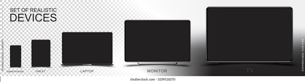 Set Mock-up of realistic devices. Smartphone, tablet, laptop, monitor and TV on a transparent and white background. Flat vector illustration EPS 10.