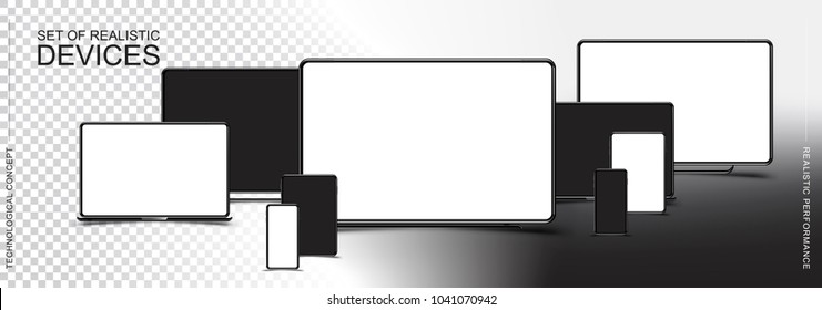Set Mock-up of realistic devices. Smartphone, tablet, laptop, monitor and TV on a transparent and white background. Flat vector illustration EPS 10