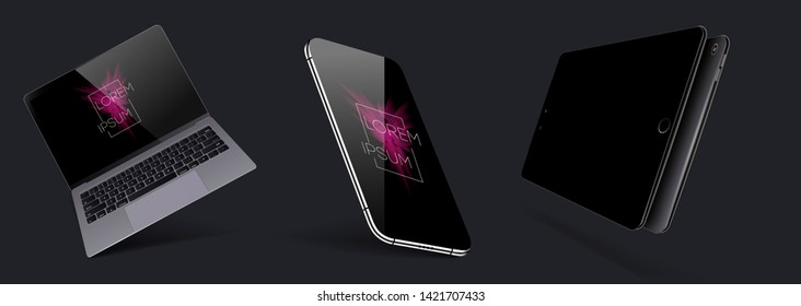 Set Mock-up von realistischen Geräten. Smartphone, Laptop, Tablet und Smartphone mit leerem Bildschirm für Design. Vektorgrafik-Kollektionsgadgets. 3D, isometrische, axonometrische Sicht des Gerätes. Vektorgrafik