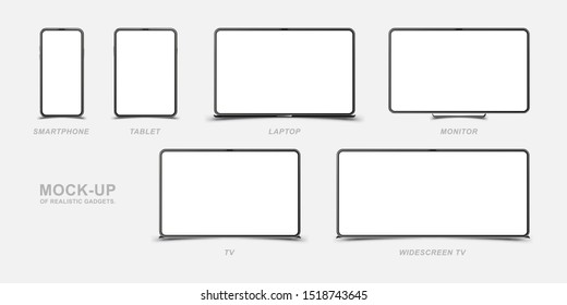 Set Mock-up of realistic devices. Smartphone, tablet, laptop, monitor and TV. Front side with screen isolated on white background. Flat vector illustration EPS 10