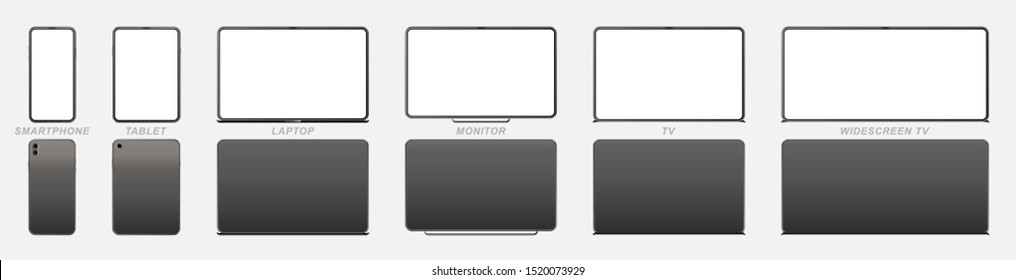 Set Mock-up of realistic devices. Smartphone, tablet, laptop, monitor and TV. Front side with screen and back side isolated on white background. Flat vector illustration EPS 10